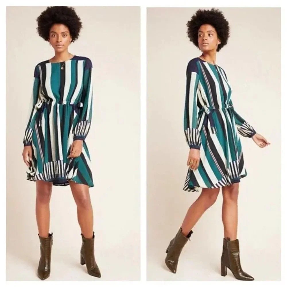 ANTHROPOLOGIE Sunday In Brooklyn Leger Dress Striped Fit & Flare Size Small